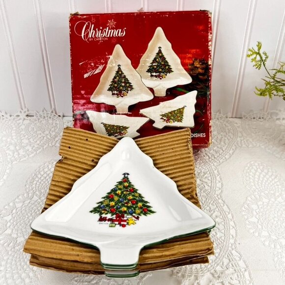 Vintage Christmas By Carlton Set of 4 Tree Shaped Dishes Mount Clemens Pottery - Picture 11 of 11